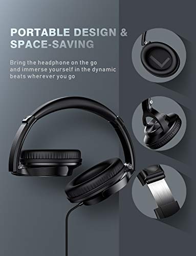 Vogek Over Ear Wired Headphones with Microphone and Noise Isolating, Folding Lightweight Headsets with Deep Bass and Tangle-Free Cord for Cellphones Smartphones Laptop Computer Chromebook, Black - Thumbnail 2