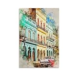 ckklik Farbenfroher Havanna-Straßen-Kunstdruck, Vintage-Stil, kubanische Architektur, Poster, Aquarell, Stadtbild, Wanddekoration, Retro-Auto-Kunstwerk, einzigartige Heimdekoration für Wohnzimmer