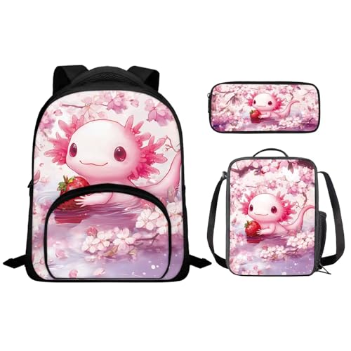 Ystardream Toddler Girls Backpack Age 4-6 Kawaii Axolotl Book Bag for Girls Backpack with Lunch Box Insulated and Pencil Box School Supplies for Preschoolers 3 in 1 Nurseries Kindergarten