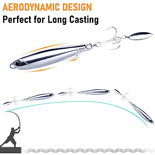 Dr.fish 3 Pack Jigging Spoons Metal Casting Jigs Bladed Treble Hooks Saltwater Casting Spoons Surf Fishing Lures Vertical Diamond Jigs Mackerel Striper Bluefish Lures #TOP5