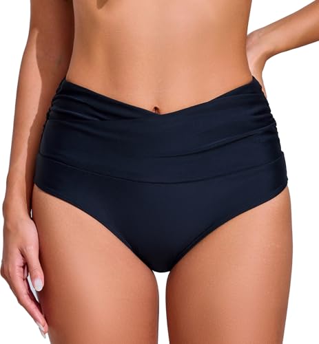 COCOPEAR V-Cross High Waisted Bikini Bottoms Tummy Control Full Coverage Bikini Bottoms for Women Black M
