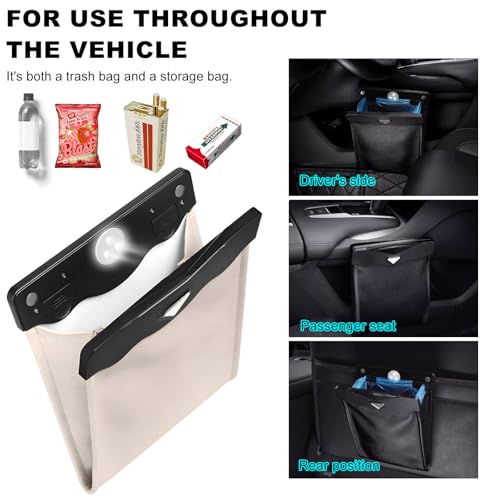 Image of Yourkar Car Hanging Trash Can, Magnetic Closure LED Light Auto Trash Bag Storage Pocket, Collapsible Waterproof Leather Hanging Trash Can with Disposable Trash Bag, Car Accessories (Beige)