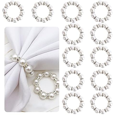 Pack of 12 Pearl Napkin Buckles Bling Rhinestone Diamond Napkin Rings for Wedding Birthday Party Cover