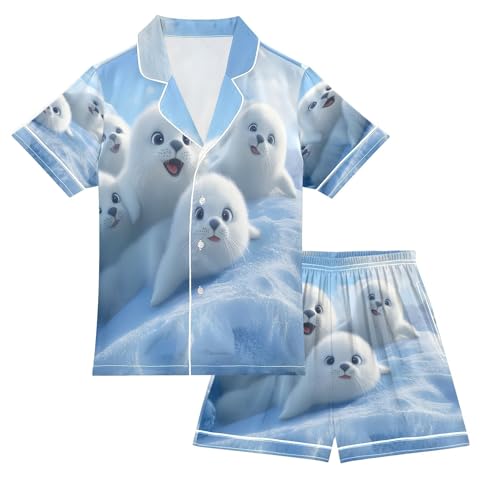 ALAZA White Harp Seal Satin Pajamas Set Short Sleeve Button Down Sleepwear Summer Pjs 2 Piece