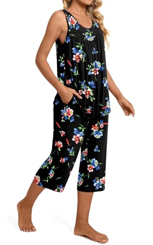 Image of TAOHUADAO Womens Summer 2 Piece Pajama Sets, Sleeveless Tops with Capri Pants, Lounge Ladies Pjs Sets with Pockets