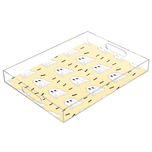 BOESI Halloween Ghosts and Bats Acrylic Decorative Dining Tray, Acrylic Decorative Tray Organizer with Handle for Kitchen, Dining Room, Bathroom, Dresser