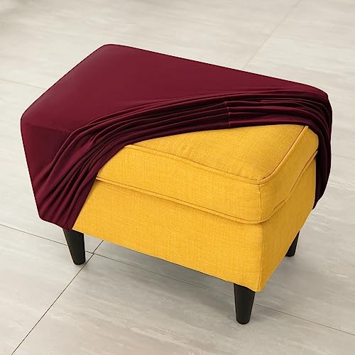 HOKIPO Original Velvet Foot Stool Cover Ottoman Slipcover, Stretch Fitted, Removable Washable, Burgundy (AR-4801-BRGN)