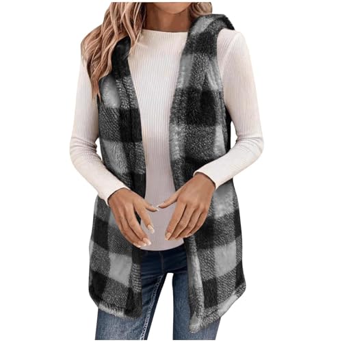 Women Sleeveless Plaid Hooded Shacket Fuzzy Sherpa Fleece Vest Long Lightweight Flannel Shirts Soft Warm Outerwear