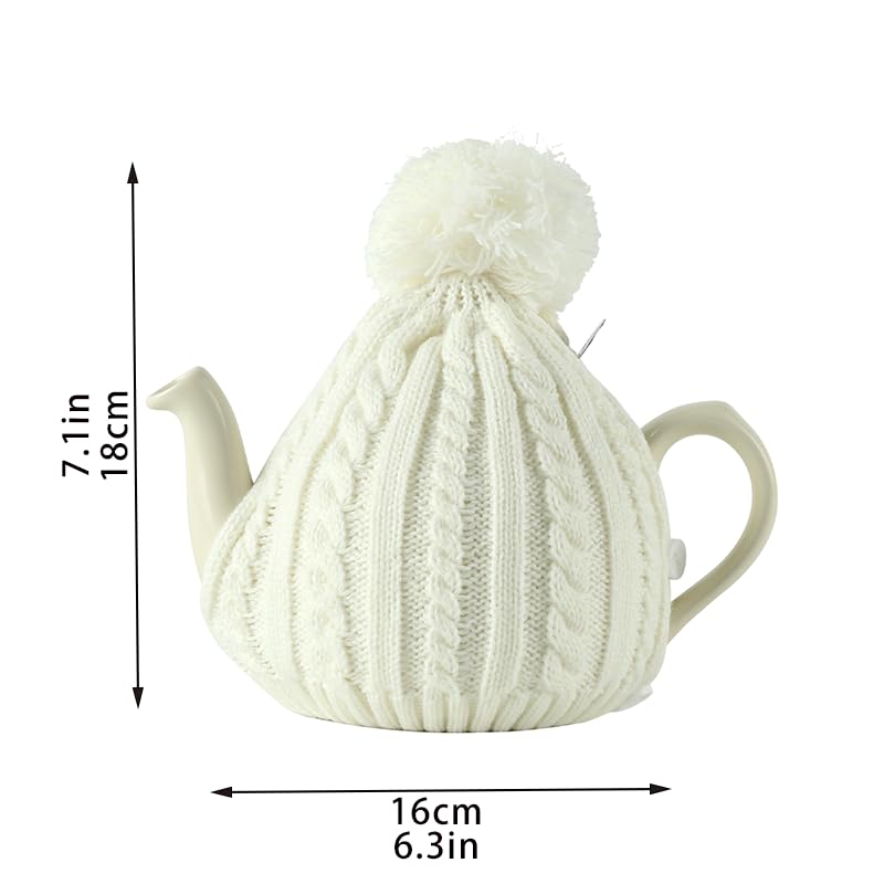 Image of One-Piece Cable Knit Teapot Cozy with Pom Pom Top, Acrylic Insulated Tea Pot Cover with 2 Button Fasteners & Lid Opening, British Style Hot Cold Insulator for 2 Cup 15-20oz Teapots,white