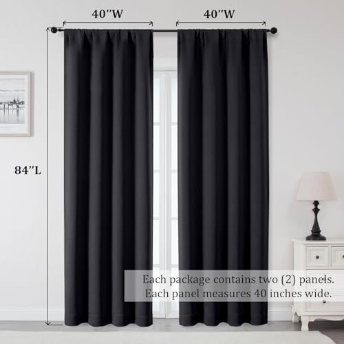 OWENIE Sally Blackout Curtains 84 Inches Long 2 Panels Set for Bedroom Living Room, Solid Thermal Insulated Privacy Room Darkening Window Treatment Drapes, 2 Pcs Each W40 x L84 Inch, Black by OWENIE - Used condition - Image 5