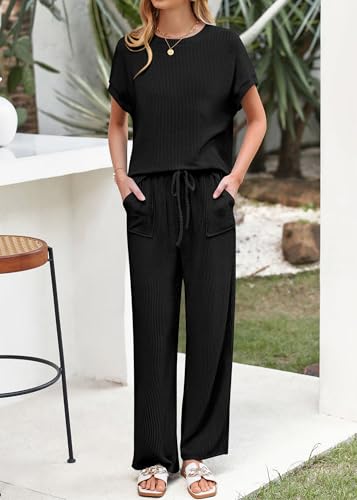 KIRUNDO 2 Piece Sets for Women Dressy Casual Ribbed Knit Short Sleeve Tops Wide Leg Pants Lounge Set Travel Airport Outfits(Black, Large)