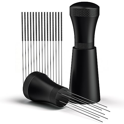 Foonii Wdt Tool, Distribuidor de café Desmontable con Soporte con 7 Agujas de café expreso de 0.3 mm, Herramienta Wdt de Aluminio, Regalos para Baristas, Color Negro (15 Agujas en Total)
