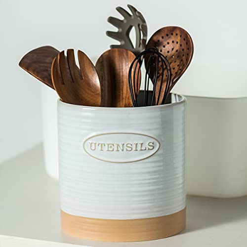 Yhosseun Porcelain Utensil Holder For Kitchen Countertop Large Oval Utensil Crock Two-Tone Finish Rustic Utensil Vase #TOP7