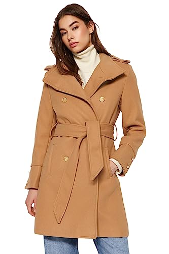 Manteau croisé col montant camel pour femme moderne chic
