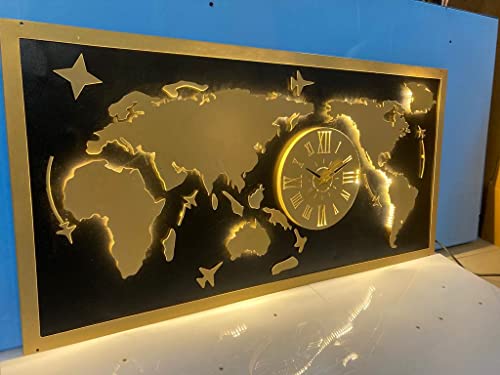 Image of METSY Metal Laser Cut (World Map with Analogue Clock) with LED Strip Lighting | World Clock Map for Wall |(Golden World map) (4x2) feet | Metal Wall Art | Wall Decor Items