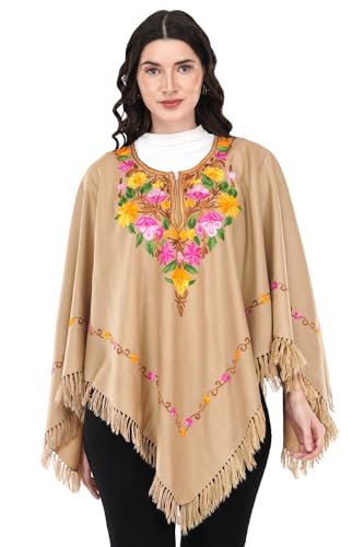 Image of Premium Women's Kashmiri hand embroidery floral woollen poncho Indian cape wrap shrug Free size