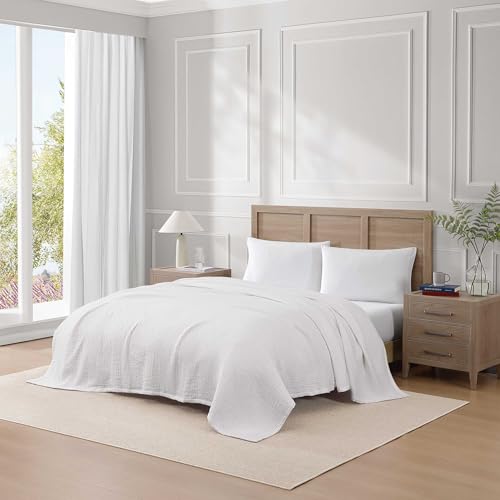 Image of Tommy Hilfiger - Queen Cotton Blanket, Woven Running Stitched Bedding, Medium Weight Soft Blanket, Anti-Pilling & Fade Resistant, Ideal for Layering, Oeko-TEX Certified (White)