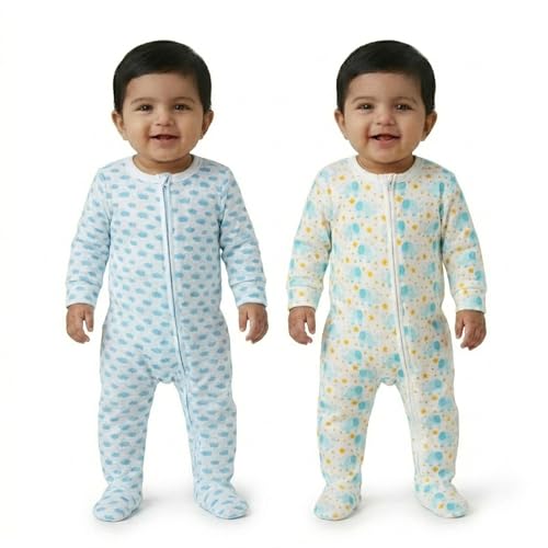Image of The Mom Store Baby Zipper Romper for Boys and Girls Combos | Cotton | Soft and Comfortable Infant Bodysuit | Trendy Stylish Sleepsuit Nightsuit for Newborn Baby | Printed | Unisex Sleep Wear
