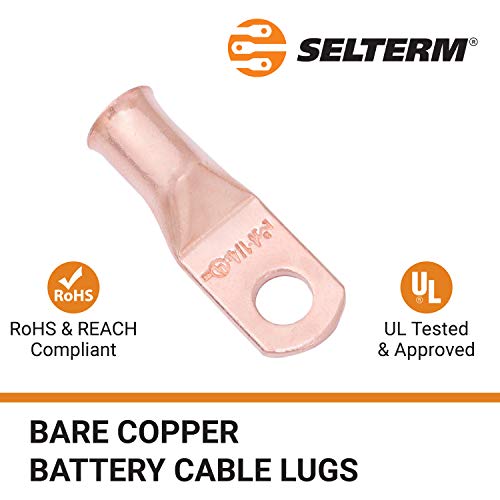 Selterm 10Pcs 4 Awg - 1/4" Stud - Battery Lugs, Heavy Duty Wire Lugs, Ring Terminals, Battery Cable Ends,4 Guage Terminals, Ul Bare Copper Eyelets Electrical Battery Terminal Connectors #TOP2