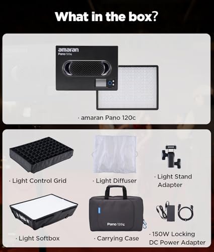 Image of Amaran Pano 120c 120W Rgbww Panel Light Bundle, 2300 10000K (Charcoal) | 2, 300-10, 000K Cct, USB-C Pd Power, Includes Softbox, Grid, Diffuser and Case, 13, 490 Lux at 1m, 12 Effects