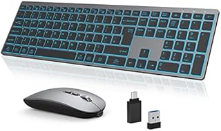 EARTO Wireless Keyboard and Mouse Combo, Backlit Keyboard and Mouse with 7 Pure Colors Backlight, 2.4GHz Rechargeable Keyboard and Mouse, for Windows/Mac OS/Laptop/PC, QWERTY UK layout, Gray