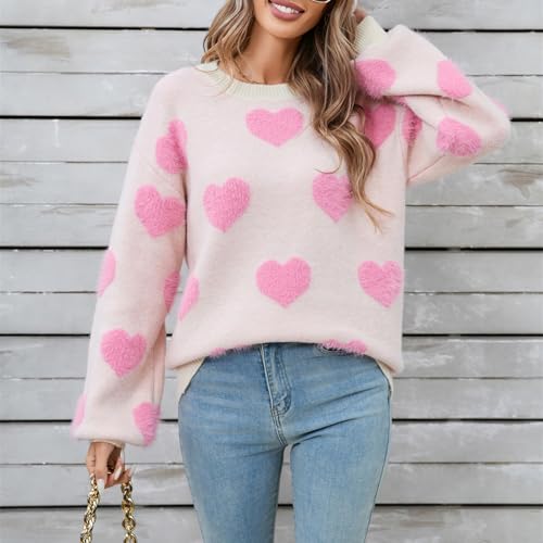 Image of Women's Valentine Love Print Heart Fun Sweater Casual Crewneck Long Sleeve Knit Sweatshirts Pullover Tops