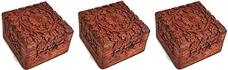Artncraft Jewelry Box Novelty Item, Unique Artisan Traditional Hand Carved Rosewood Jewelry Box from India Inside (3-(Pack))