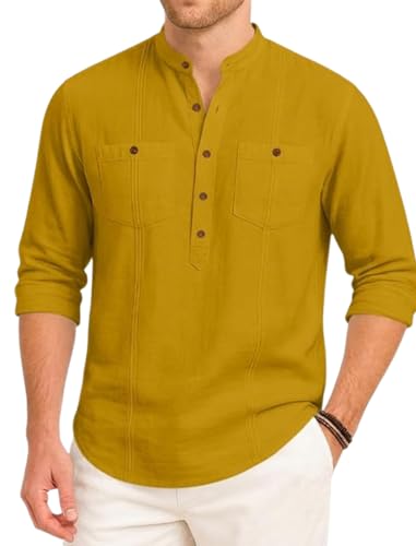 Image of ROYALSCOUT Men's Cotton Polyester Blend Kurta Style Shirt with Mandarin Collar, Half Button Placket, Dual Chest Pockets, Long Sleeve Casual Ethnic Fusion Wear for Office, Festive and Daily Use