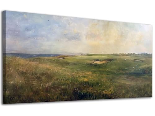 Impressionist Canvas Prints Wall Art Coastal Golf Course 46'X23', Green Links Ocean View Artwork Rolling Fairway Prints Scenic Landscape Pictures Framed Wall Decor For Living Room Office Home