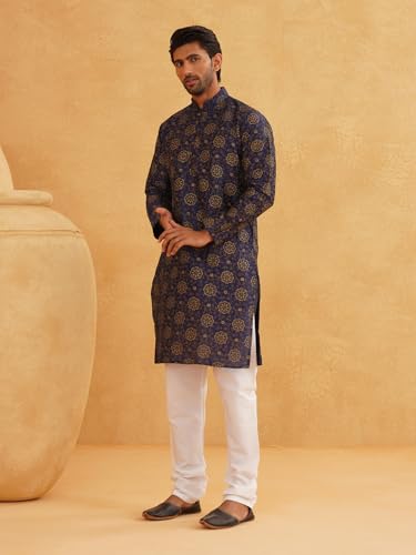 Image of SOJANYA (Since 1958 Men's Silk Blend Printed Kurta & Off White Churidar Pyjama Set