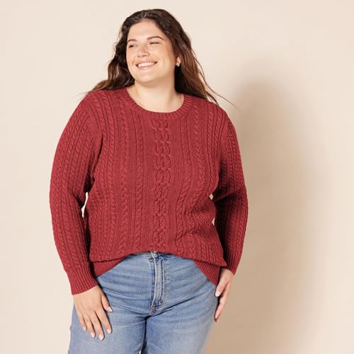 Image of Amazon Essentials Women's Regular Fit Soft Cotton Cable Knit Ribbed Crewneck Sweater (Available in Plus Size)