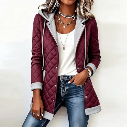 Quilted Jacket for Women Warm Mid Length Button Quilted Coat with Hood - image 2