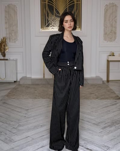 Pinstripe Pant Suits for Women Wedding Guest 2 Piece Womens Suit Casual 1 Button Short Blazer Tuxedo for Work Professional3