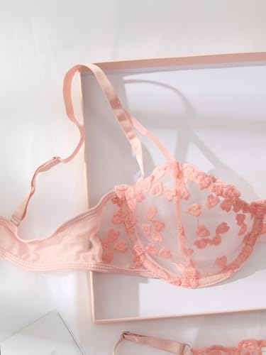 Image of Lilosy Sexy Underwire Cute Push Up Strappy Embroidered Mesh Sheer Lingerie Set See Through Panty Bra