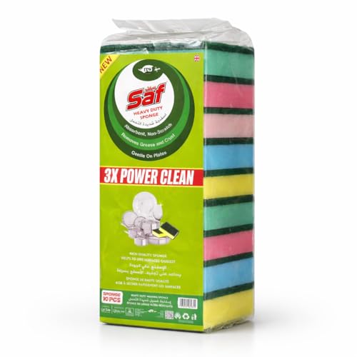 Saf Scrub Sponge Pack of 10 Heavy Duty Kitchen Cleaning Scouring Pads for Dishwashing Pots & Pans Multi-Purpose Reusable Scrubber