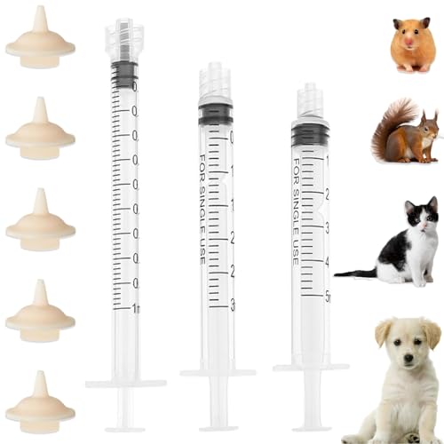 YIBIKEHO Pet Feeder Syringe Newborn Animal Feeder Syringe Individually Wrapped 1ML/3ML/5ML Pet Feeding Nursing Syringe with 5 Nipple Silicone Pet Feeding Nipple for Kitten Puppy and Small Animals
