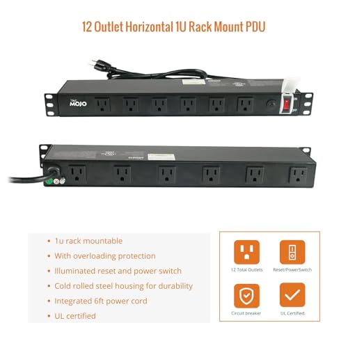 Image of Tecmojo 1U Rackmount Network-Grade PDU, 12 Wide-Spaced Right Angle Outlets, Circuit Breaker 12A (UL Certified 12A) 6ft Cord w / 5-15P Plug, Black
