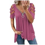 XOXSION T-Shirt Damen Sommer Oberteile Leopard Print Drucken Hemd Aushöhlen Kurzarm Bluse Beiläufig Mode V-Ausschnitt Tunika Reißverschluss Tank Top T-Shirt Shirt(C Rosa,3XL)