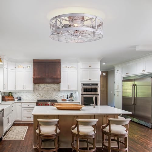Flush Mount White Caged Ceiling Fan with Light, 20" Small Bladeless Ceiling Fan and Remote, Rustic Low Profile Ceiling Fans 4-Speed Reversible Enclosed Ceiling Fans for Bedroom Kitchen Farmhouse - Image 9