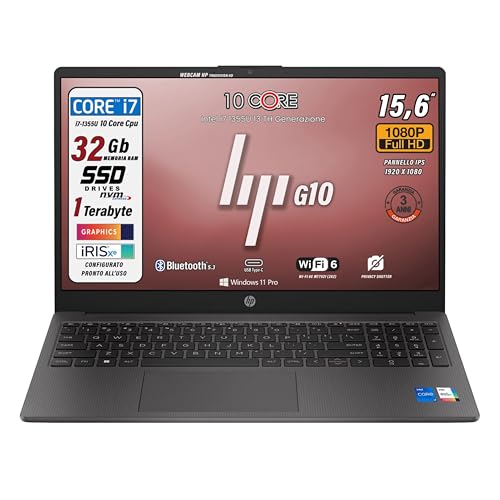 HP 250 G10 PC Portable CPU Intel Core i7-1355U 13th 10 Core, jusqu'à 5 GHz, RAM 32 Go, SSD 1 To, Écran 15,6' FullHD, Wi-Fi 6, BT, WebCam, HDMI, Privacy Shutter, Win 11Pro, Prêt à l'emploi