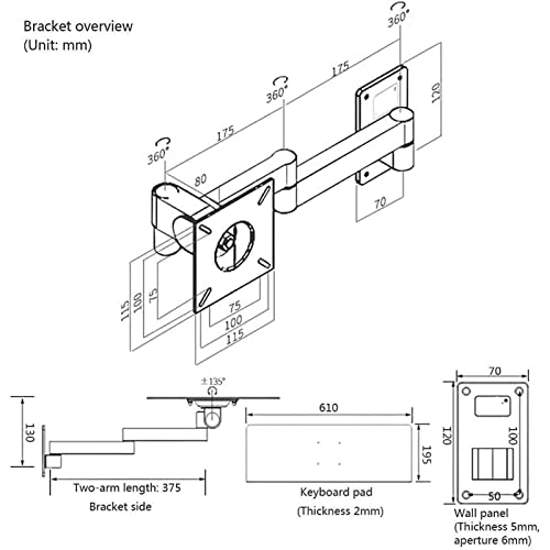 Bandeja De Teclado De Aluminio Ajustable, Plataforma De Teclado Y Ratón para Montaje En Pared, Soporte De Brazo Que Ahorra Espacio para Uso En La Oficina.