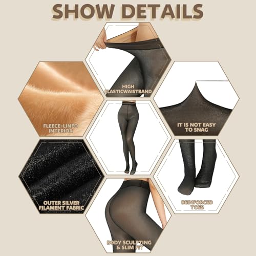 Image of X-CHENG Fleece Lined Tights Women Sheer-Fishnets Patterned Warm Pantyhose Leggings Fake Translucent Thermal Tights