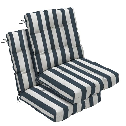 zanwu hwyd Outdoor Chair Cushions Set of 2, 42x21x4 Inch Patio Cushion for Dining/Rocking Chairs, High Back Soft Seat Pad with Ties, Fade-Resistant & Waterproof, Dark Blue White Stripes