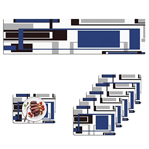 Lnond Placemats Set Of 6 And Table Runner,Blue Geometric Table Mats Set Double Layer Heat-Resistand,Scratch Resistant Non-Slip Washable Place Mats Set #TOP4