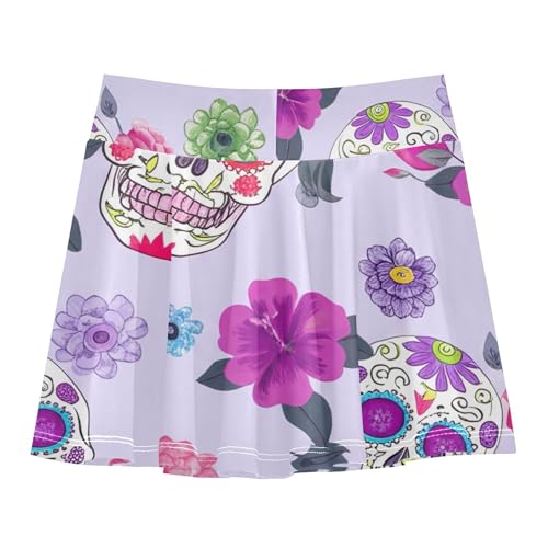 Kids Tennis Skirts Colorful Sugar Skull Floral Purple Girls Skorts Athletic Shorts Neon Flowy Skort 4t2