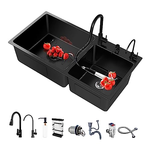 Fregadero cocina 2 seno Fregadero de acero inoxidable Lavabo con Grifo extraíble y accesorios para dispensador de jabón y fregadero. (82 * 45CM, Negro)