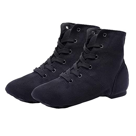 Modernes Chaussures De Danse Chaussure de Ballet Semelle Souple Yoga Gymnastique Split Plate Ballet Doux Toile Chaussons pour Hommes Femmes Little Kid Lacets Filles Canvas Jazz Dance,Noir,Noir,38 EU