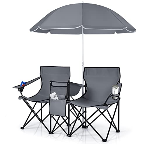 COSTWAY Chaise de Camping Pliante, Fauteuil de Jardin 2 Places avec Glacière, Porte-gobelet, Parasol, Sac,152x52x85CM, Charge Max 113 KG, pour Randonnée,...