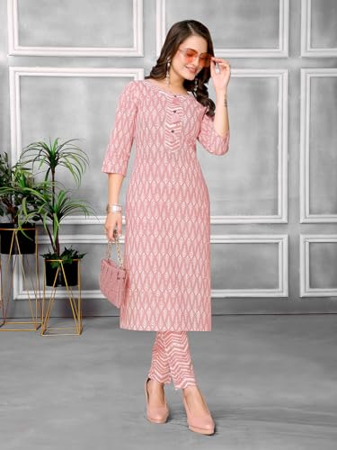 Image of rangita Peach Cotton Printed Straight Kurta with Pant | Kurta Set for Women