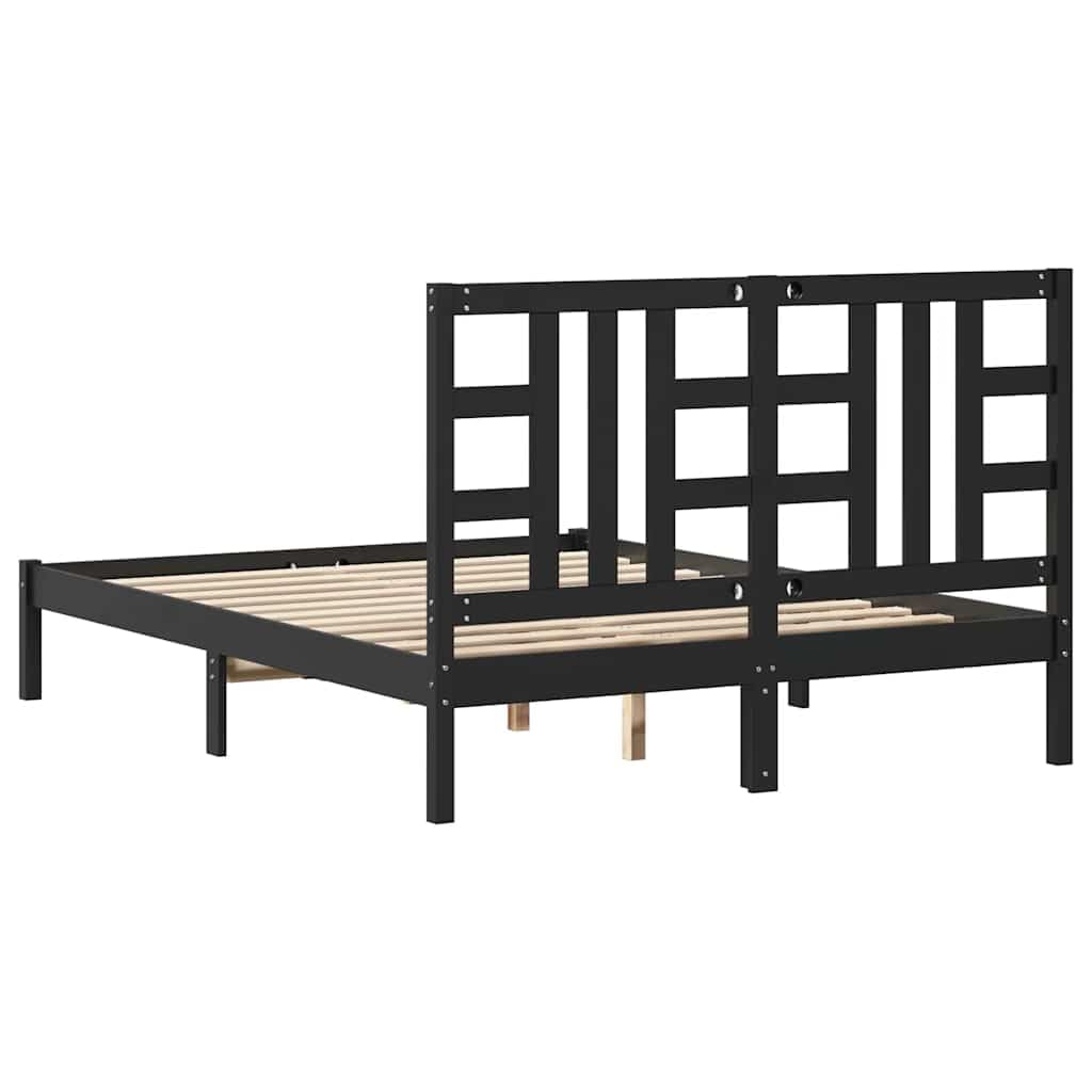 Lite drewno sosnowe Klasyczna rama z listwami Czarny 140x190 cm | Rama łóżka czarna lite drewno sosnowe 140x190 cm z zagłówkiem do sypialni